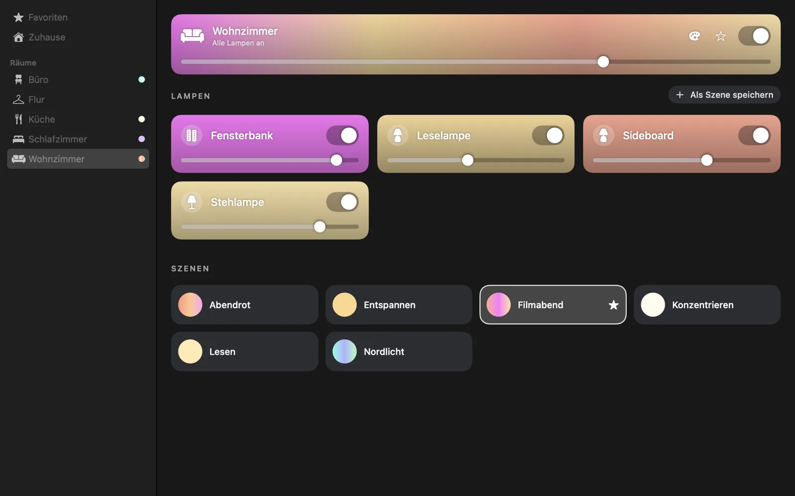 Hue Desk room view with sample lights and scenes