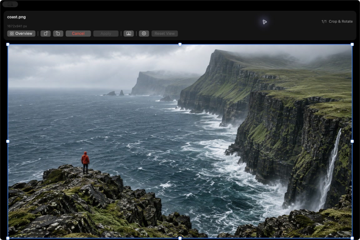 Actual Imglide app in Crop and Rotate mode displaying the coastal image.