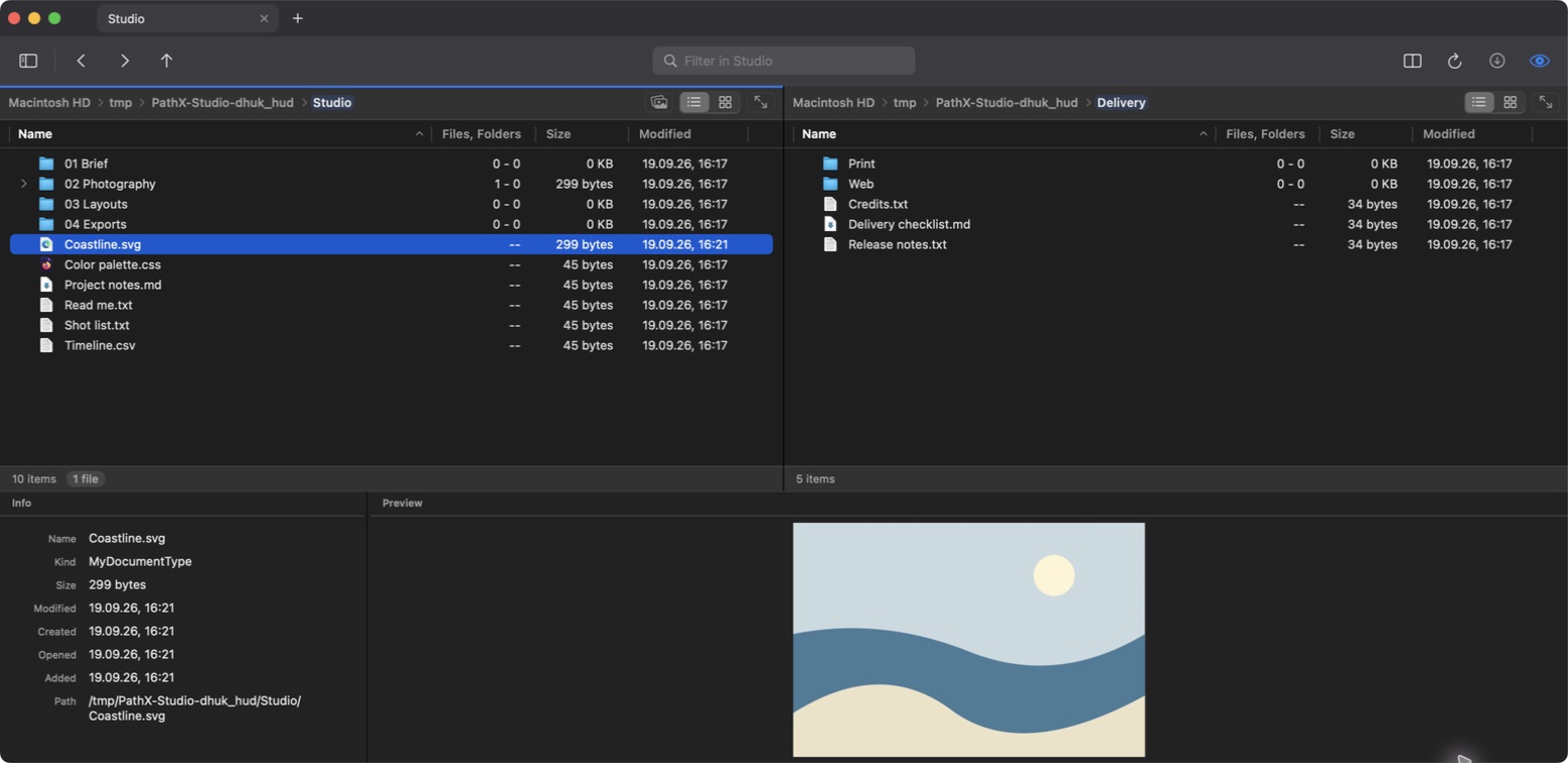 PathX with a file list on the left, a destination folder on the right, and an image preview below.