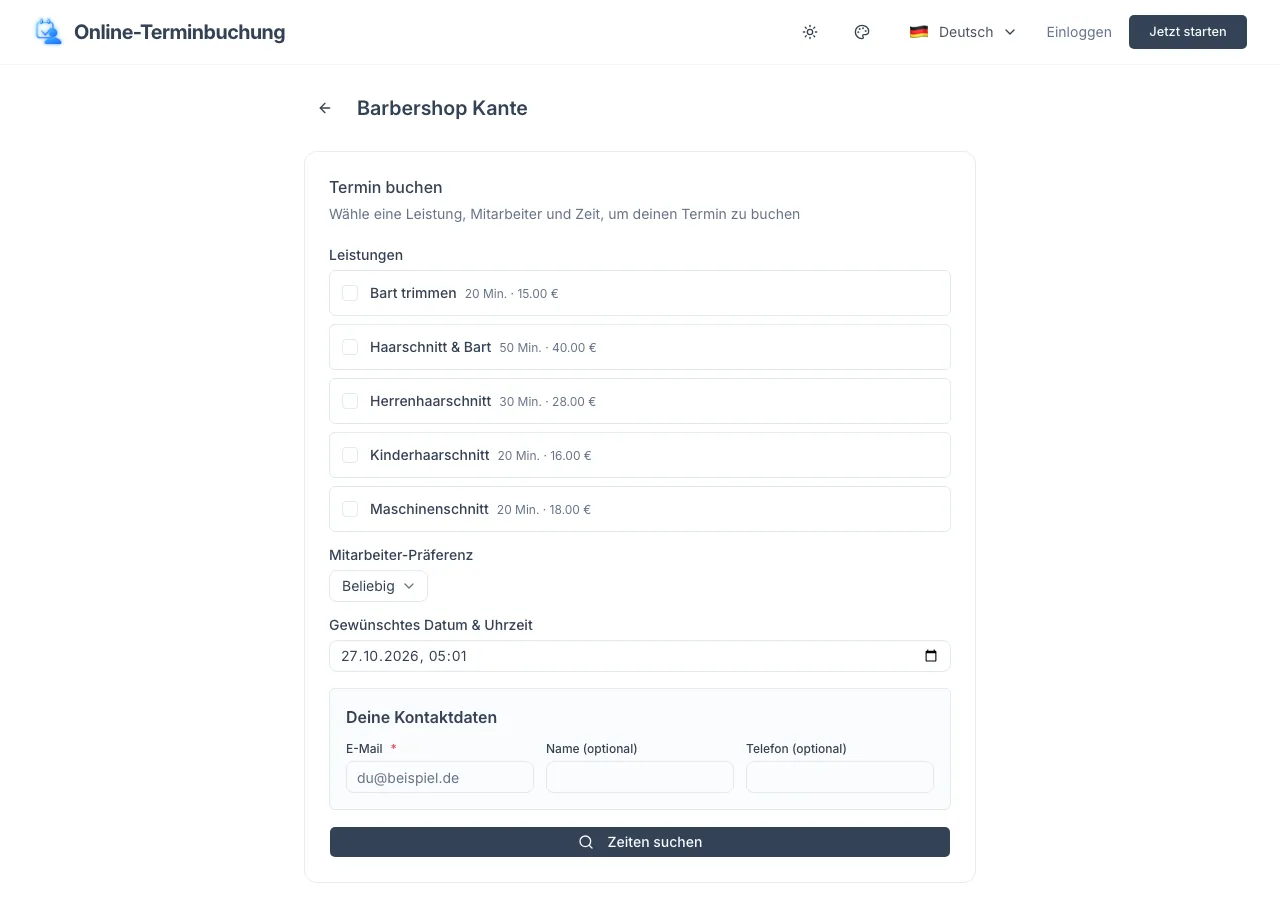 Booking page of Barbershop Kante with services, staff choice and date