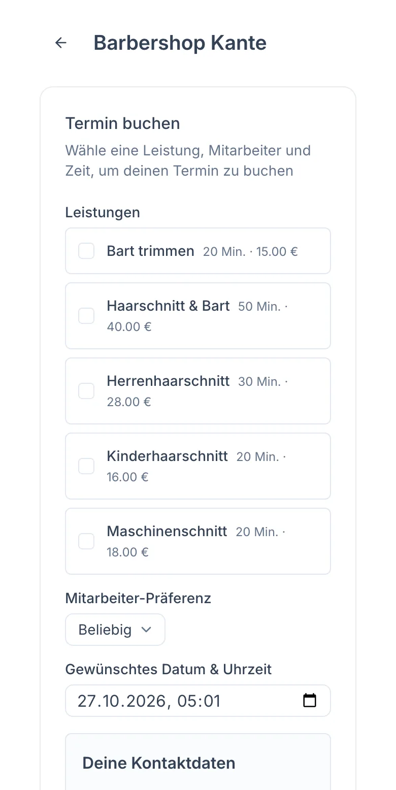 Booking page of Barbershop Kante on a phone